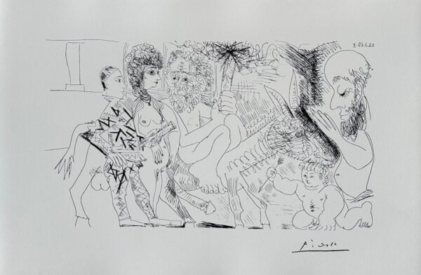 Groupe avec Vieillard À la Torche sur un Âne Amoureux, Femme et Arlequin - Pablo Picasso