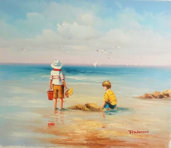 Enfants au Bord de Plage - 20E Eeuw P. Watkins