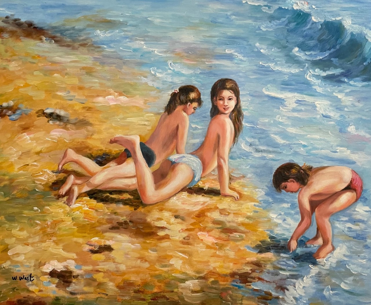 Trois Filles au Bord de Mer - William West 20E Eeuw – Image 1