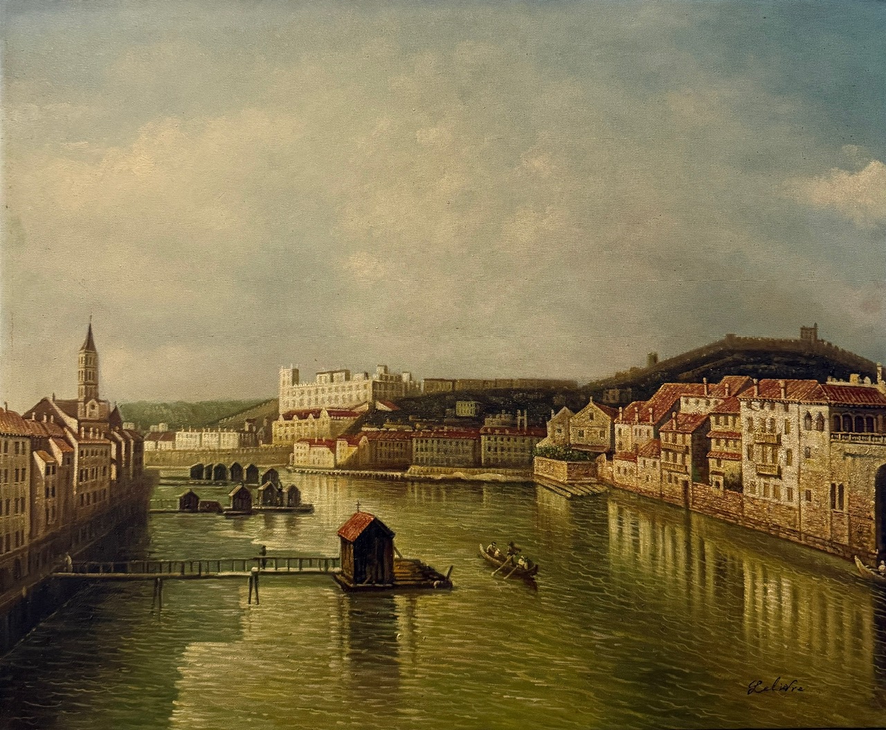 Ville Ancienne au Bord de la Rivière - Ecole Française Xxe – Image 1