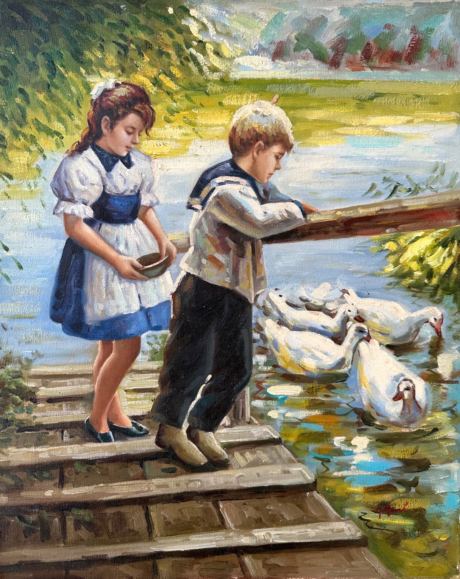 Enfants au Bord du Lac - Henri Hart  Xxeme – Image 1