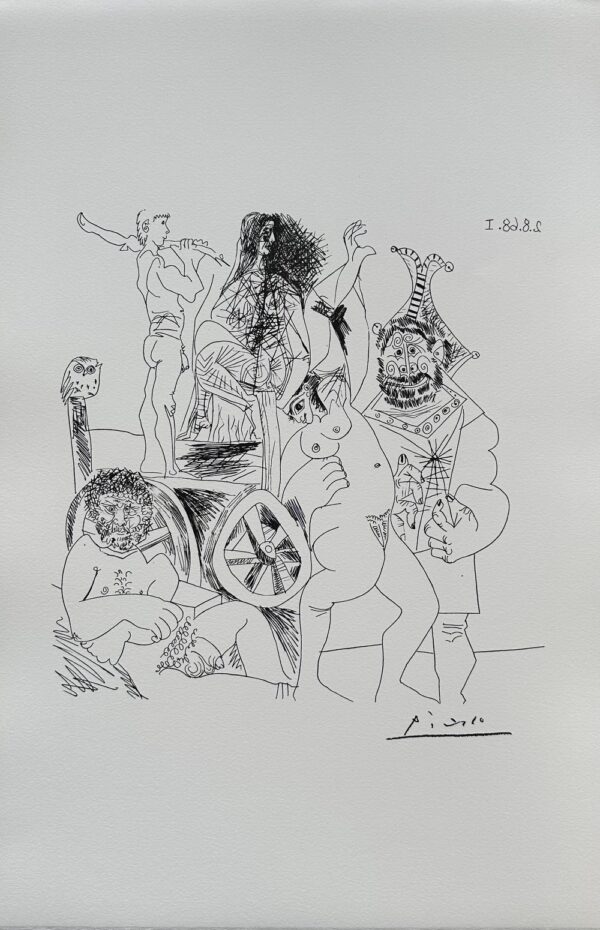 Halte de Comédiens Ambulants, avec Hibou et Bouffon Enlaçant une Femme - Picasso Pablo