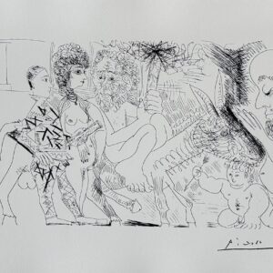 Groupe avec Vieillard À la Torche sur un Âne Amoureux, Femme et Arlequin - Pablo Picasso