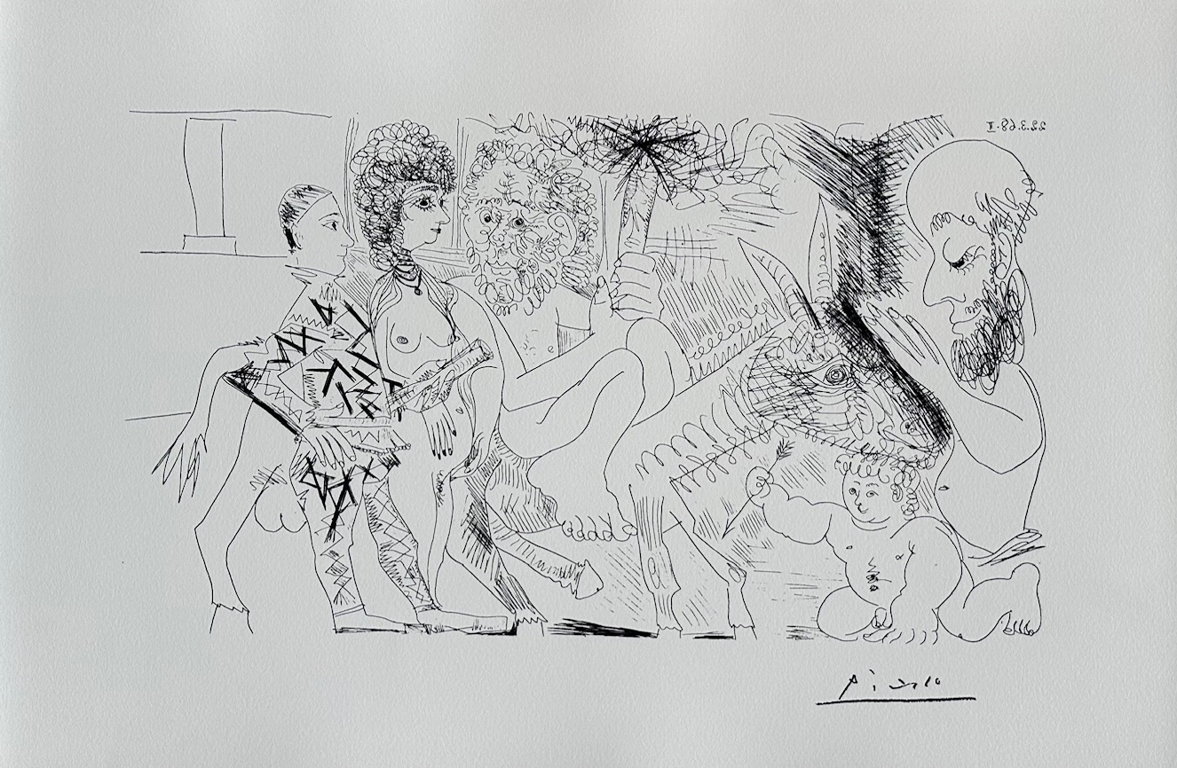 Groupe avec Vieillard À la Torche sur un Âne Amoureux, Femme et Arlequin - Pablo Picasso – Image 1