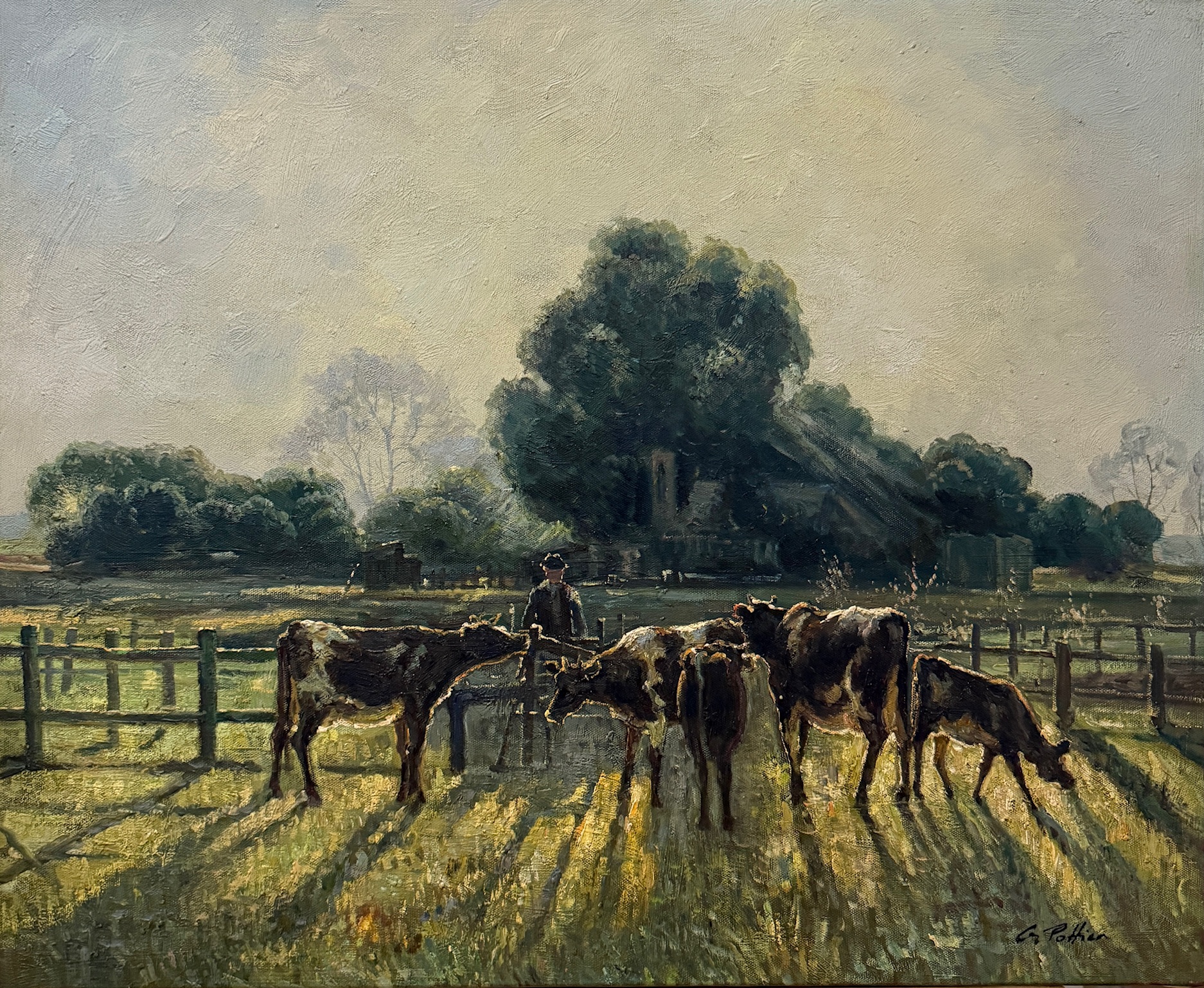 Prairie avec Barrière en Bois - Ecole Française Xxe – Image 1