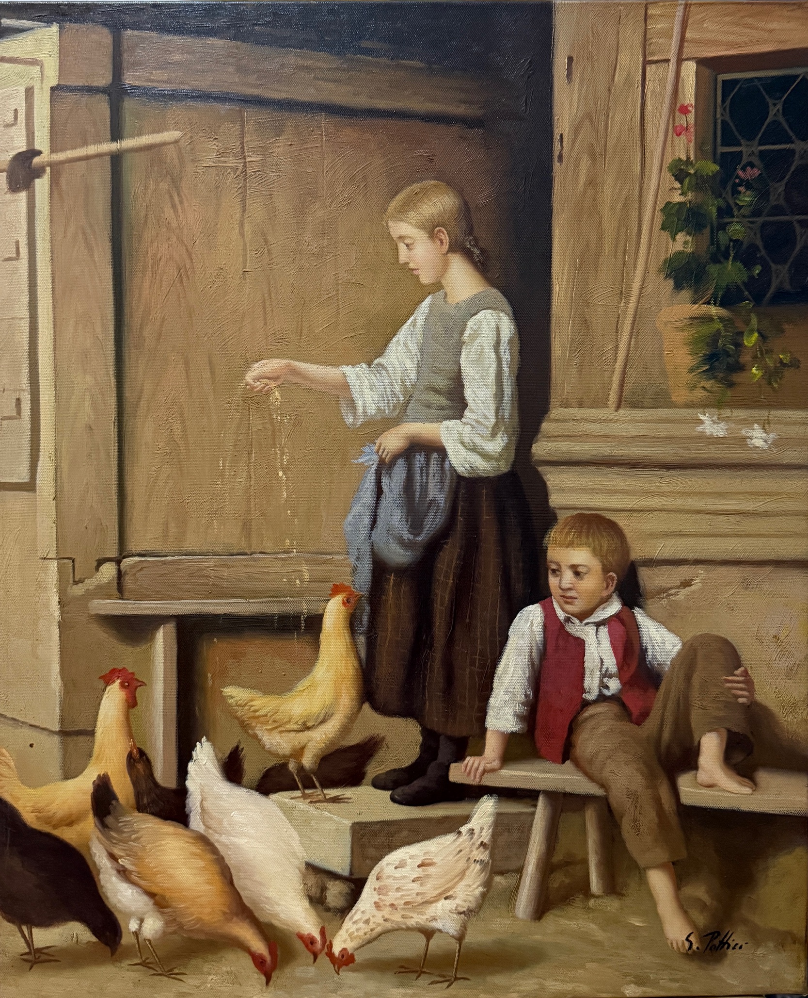 Scène D’intérieur avec Poules - 20E Eeuw Ecole Moderne – Image 1