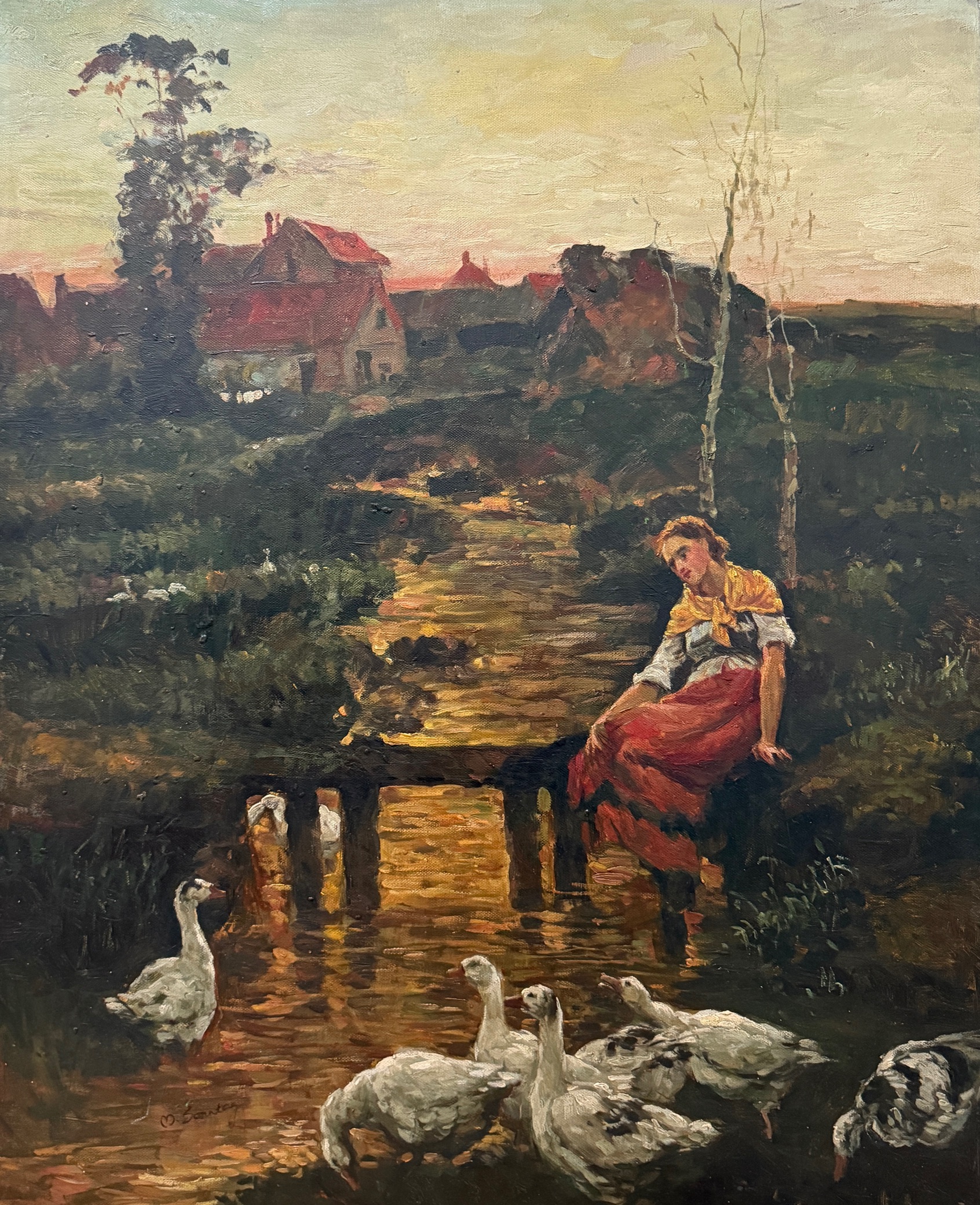 Scène Rurale au Bord de L’étang - 20E Eeuw Ecole Moderne – Image 1