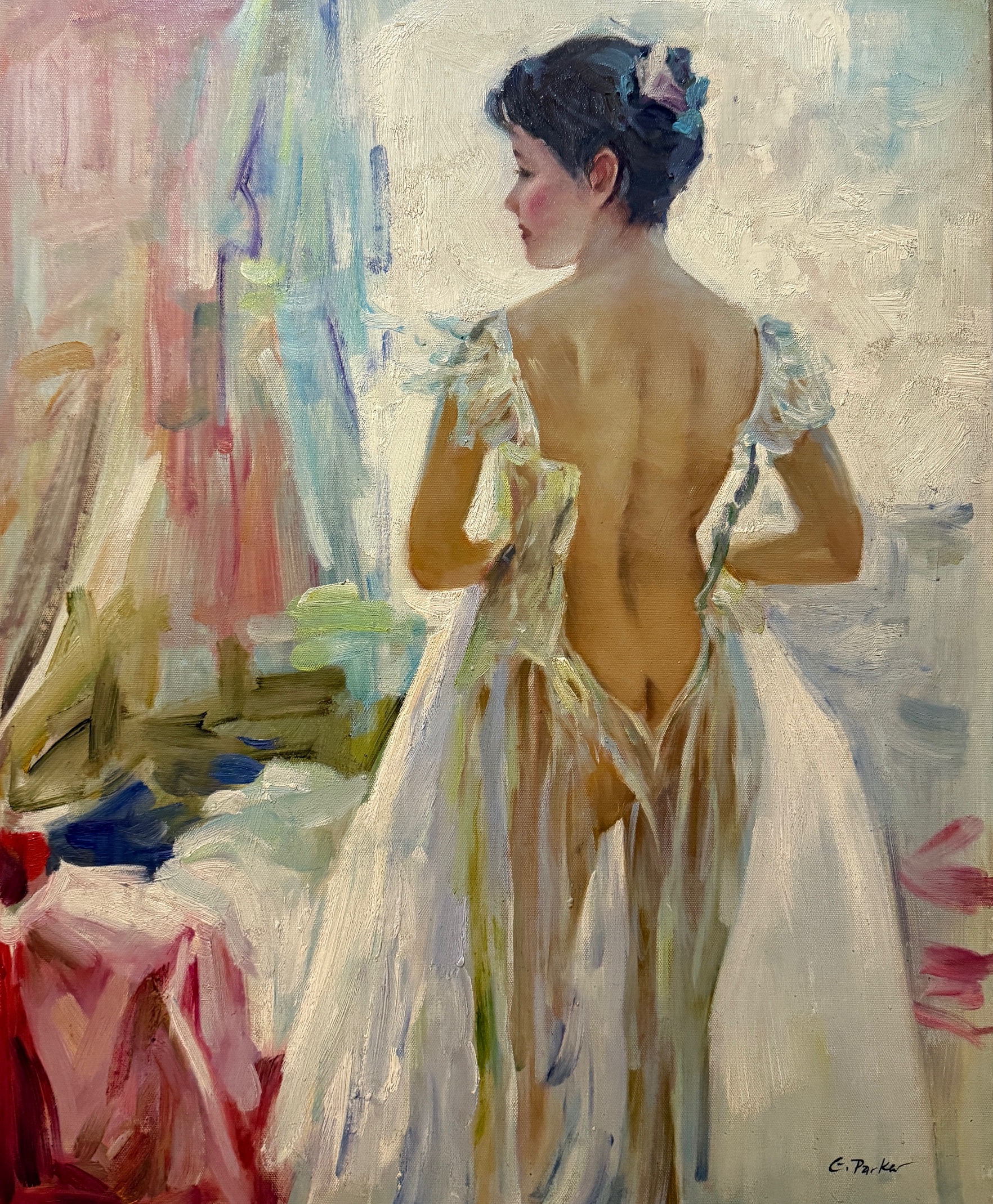 Femme Élégante en Robe Blanche - Gérard Xxe Siècle Parker – Image 1