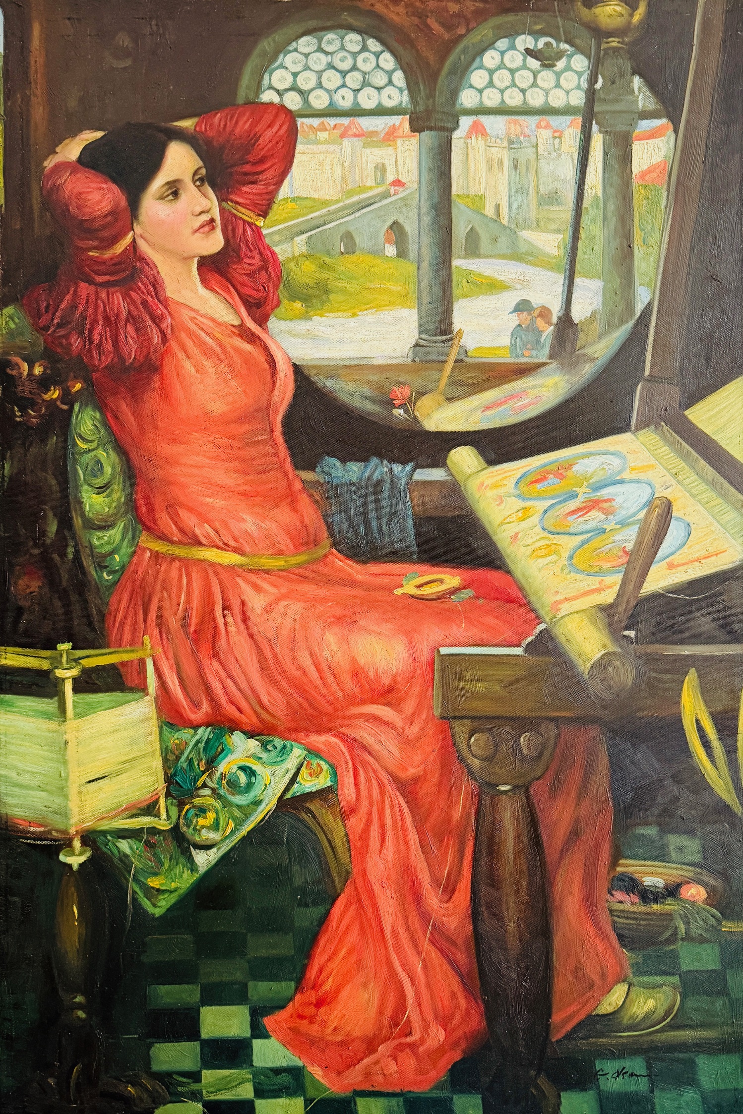 La Femme en Rouge Près de la Fenêtre - 20E Eeuw Ecole Moderne – Image 1