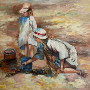 Deux Petites Filles Jouant avec le Sable A la Plage - William Xxe Siècle West
