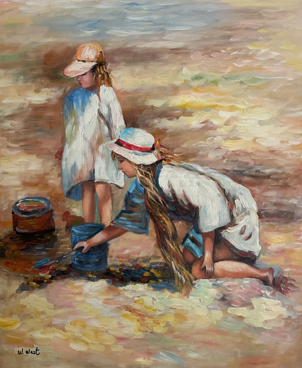 Deux Petites Filles Jouant avec le Sable A la Plage - William Xxe Siècle West – Image 1