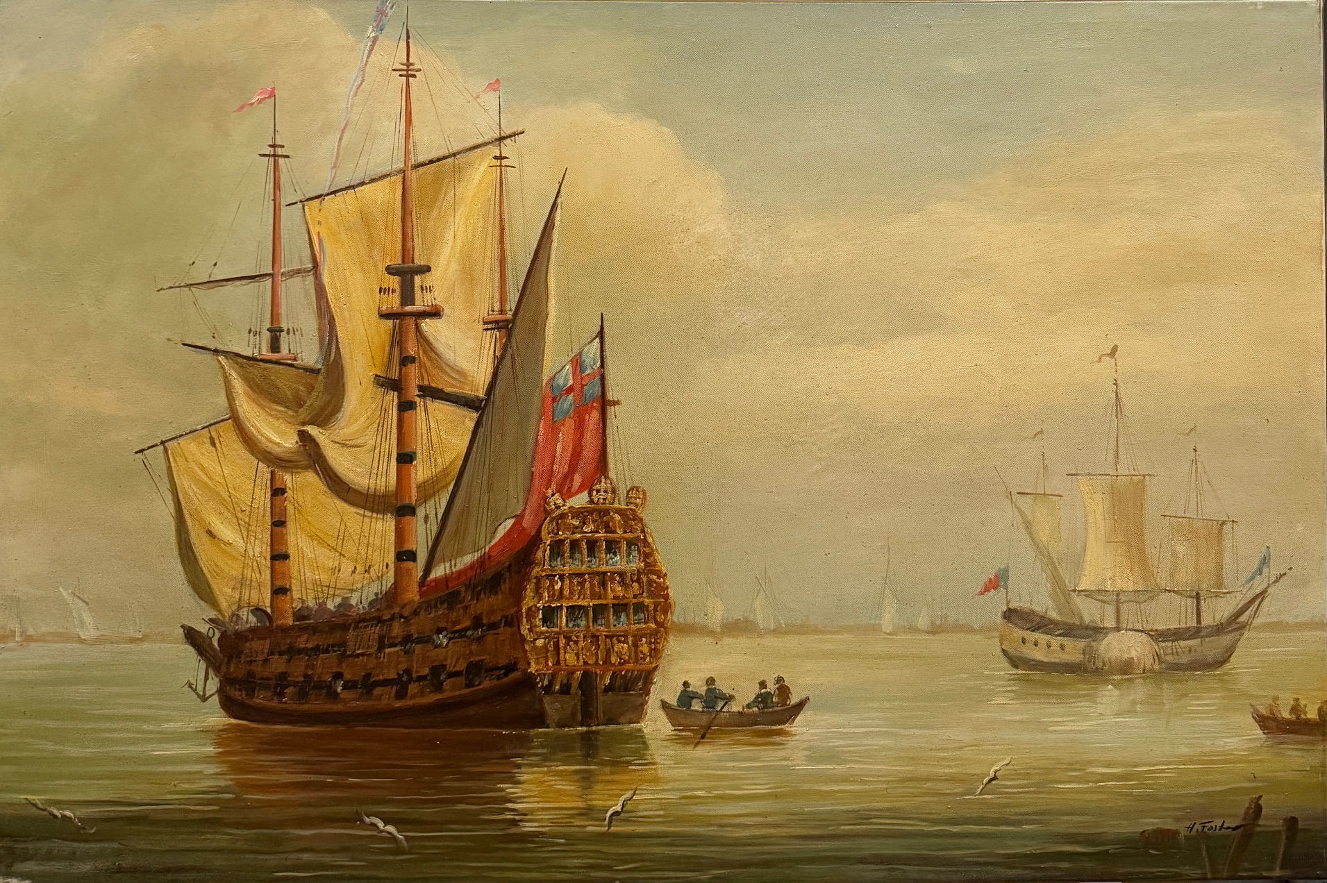Navires À L’horizon Calme - Ecole Française Xxe – Image 1