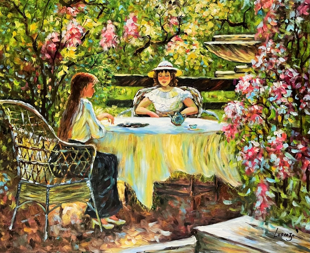 Une Tasse de The dans le Jardin Ensoleille - 20E Eeuw Lorenzo – Image 1
