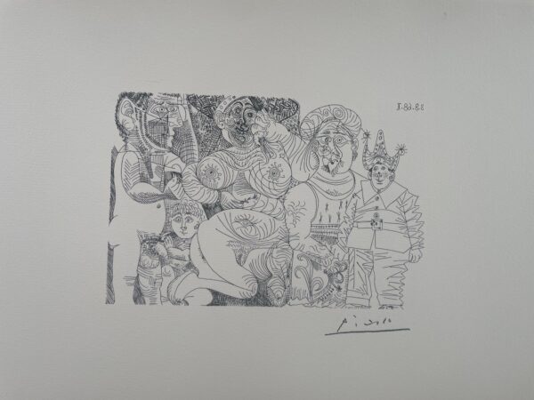 Femme au Chapeau et À Oeillet, avec Homme Enturbanne, Clown, Putto At Spectateur - Pablo Picasso
