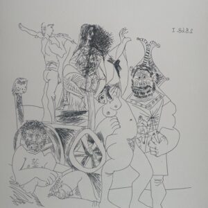 Halte de Comediens Ambulants, avec Hibou, et Bouffon Enlacant une Femme - Pablo Picasso