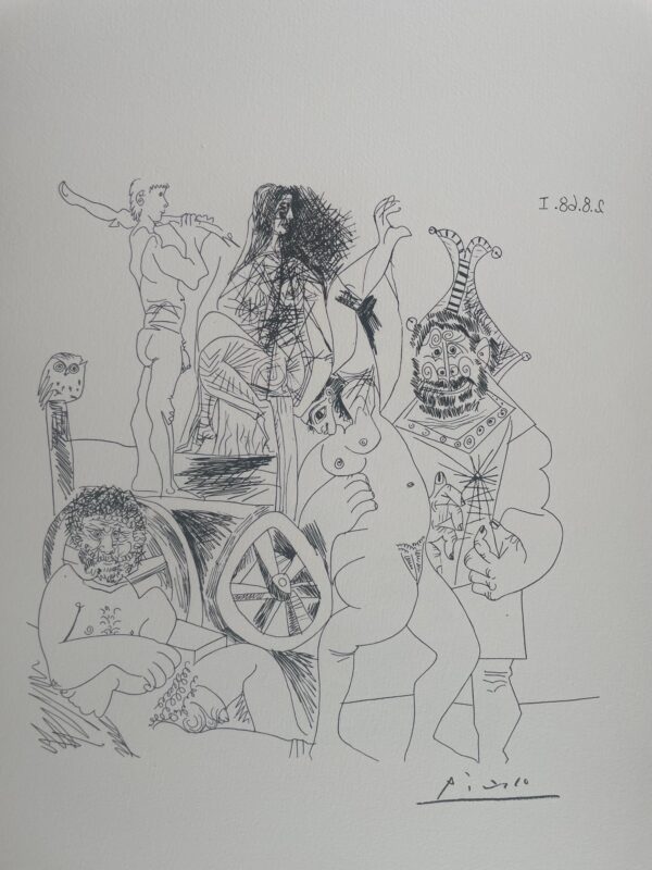 Halte de Comediens Ambulants, avec Hibou, et Bouffon Enlacant une Femme - Pablo Picasso