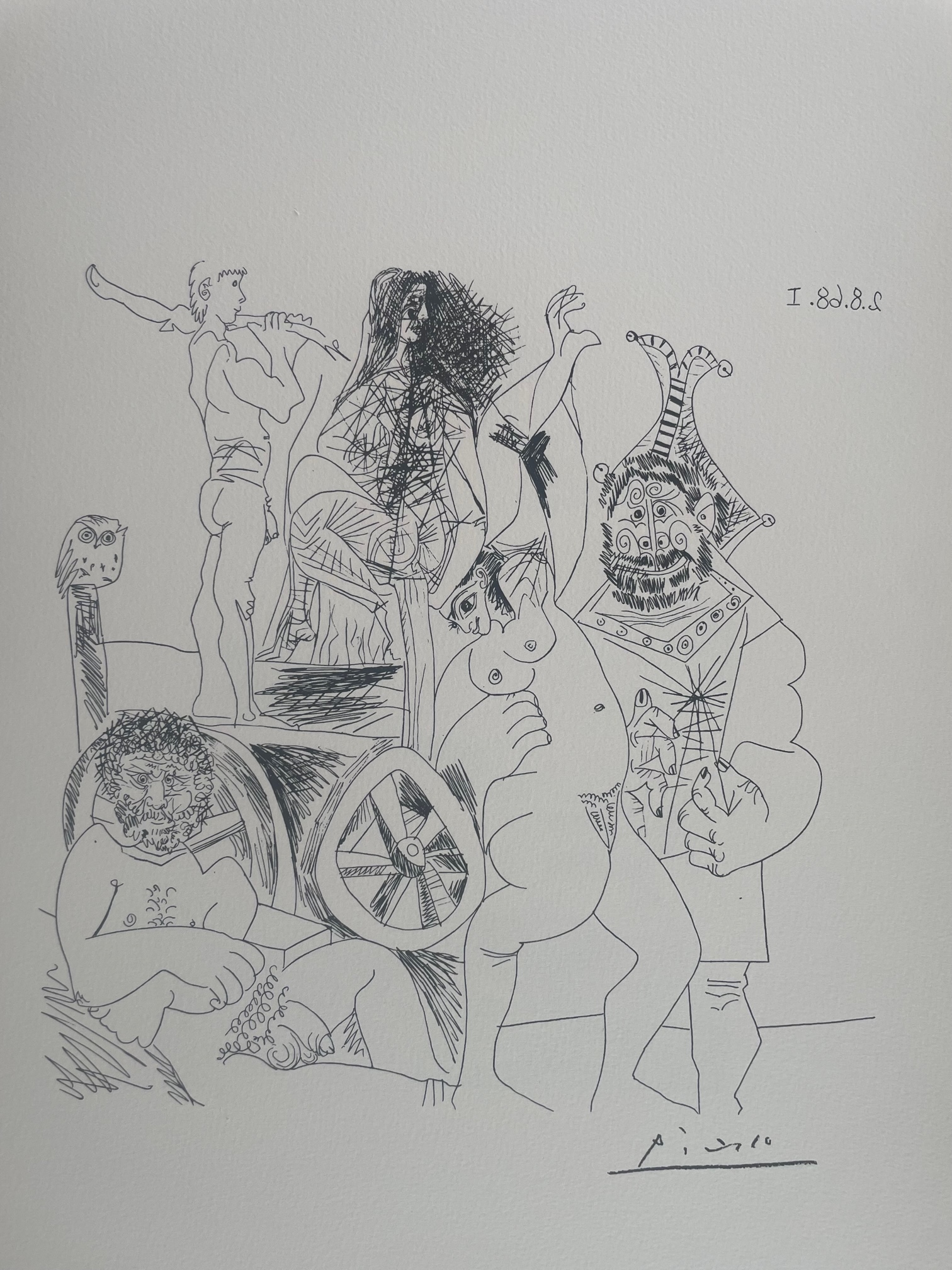 Halte de Comediens Ambulants, avec Hibou, et Bouffon Enlacant une Femme - Pablo Picasso – Image 1