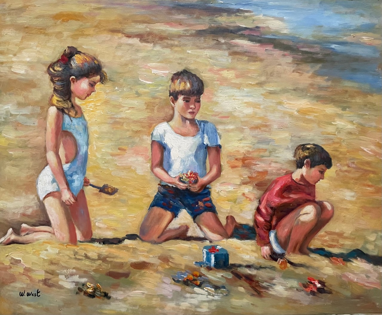 Enfants Qui Jouent sur la Plage - William West  20E Eeuw – Image 1