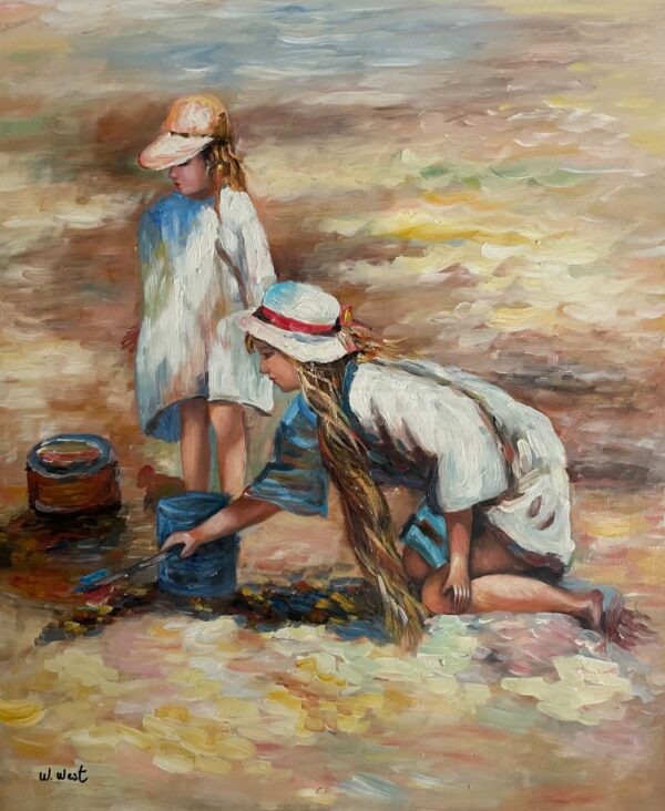 Deux Petites Filles Jouant avec le Sable A la Plage - William West 20E Eeuw